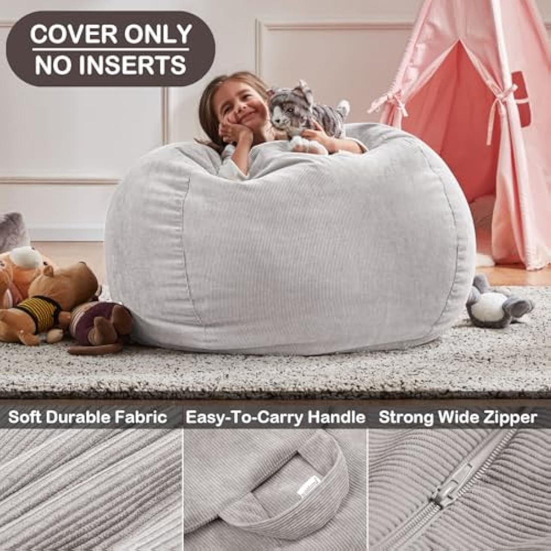Nobildonna Bean Bag Chair Cover (No Filler) for Kids and Adults. Extra Large 300L Bean Bag Stuffed Animal Storage Washable Soft Premium Corduroy Stuffed Plush Toys Bean Bag Cover (Light Grey)