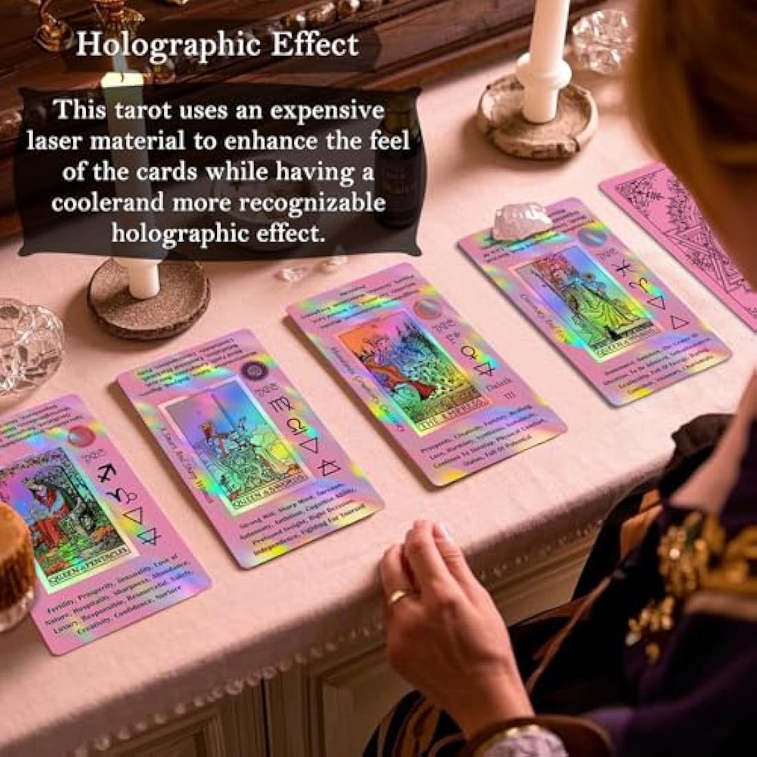 Smoostart Pink Holographic Tarot Cards with Meanings, Tarot Cards Deck with Guidebook for Beginners, Keywords, Element, Planet, Zodiac, Chakra, Yes or No, Musical Pitch, Numerology, Hebrew Alphabet