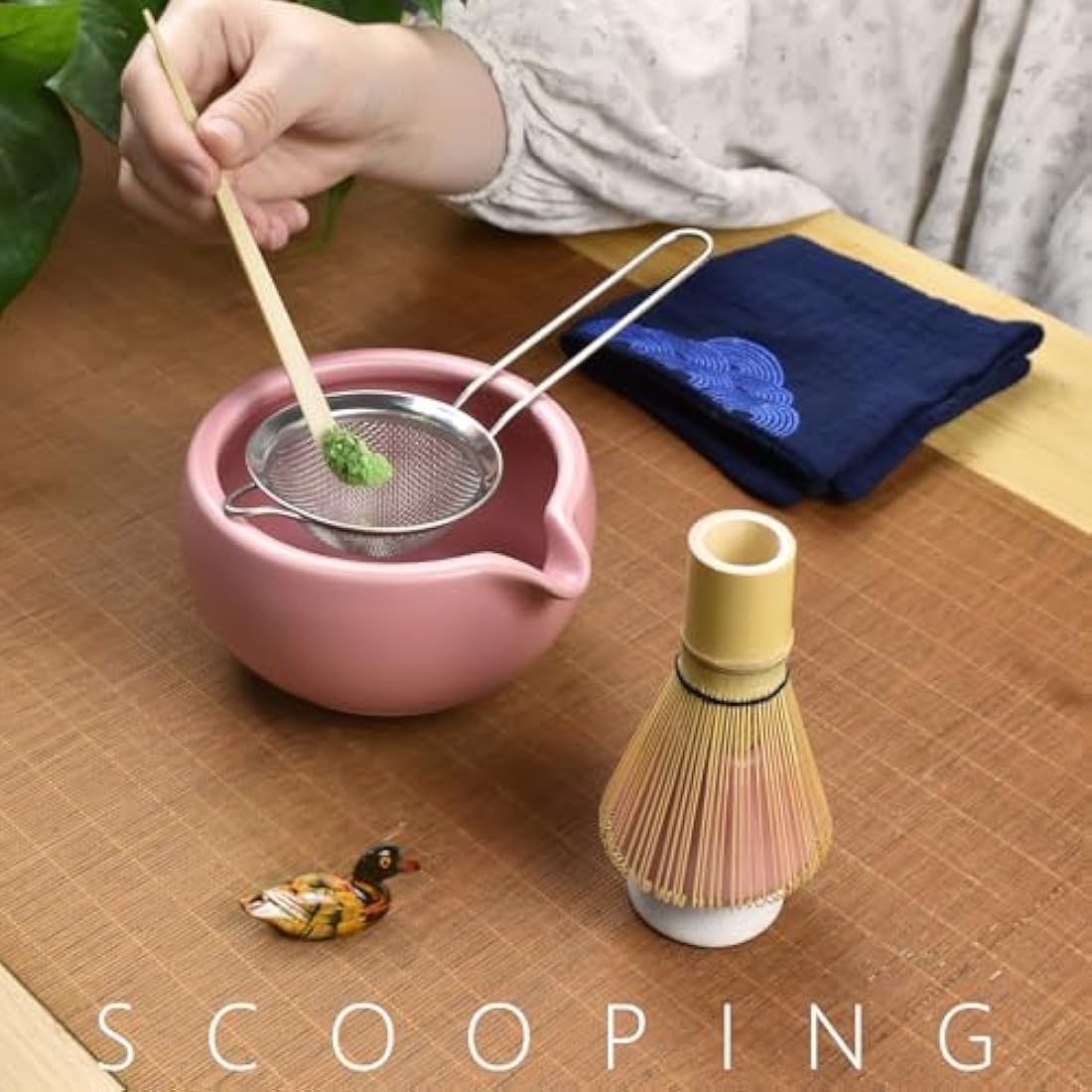 Artcome 7 Pcs Complete Matcha Tea Ceremony Kit - Bowl, Whisk, Scoop, Strainer, Powder, Set for Usucha, Koicha, Latte (Pink)