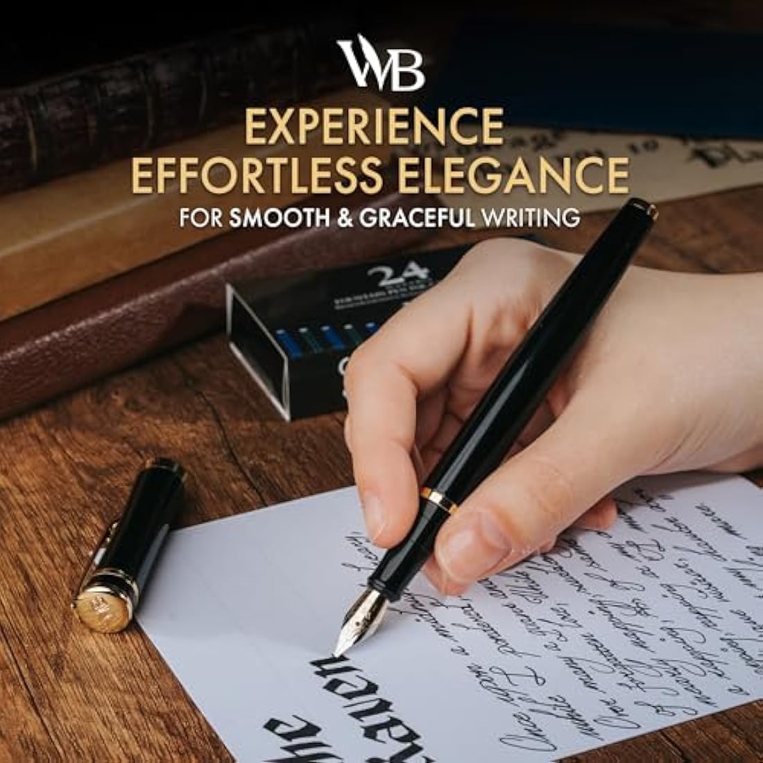 Wordsworth & Black Fountain Pen Set, 18K Gilded Broad Nib, Includes 24 Pack Ink Cartridges, Ink Refill Converter & Gift Box, Gold Finish, Calligraphy, [Black Gold], Perfect for Men & Women