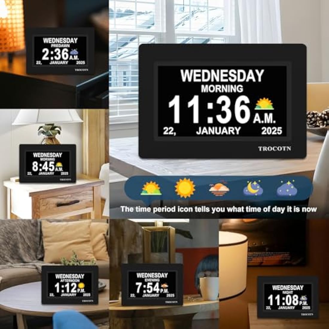 TROCOTN dementia clock, digital clock with date and day for elderly, day date large display calendar (7 Inches Black)