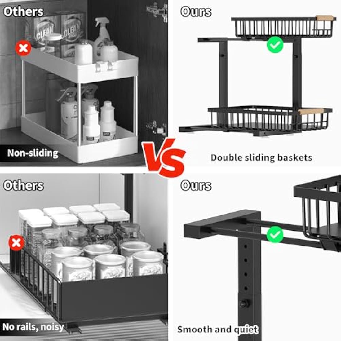 ROLIZOE 2 Tier Sliding Under Sink Storage Kitchen Organiser 42.5cm Height Adjustable Under Sink Shelf with 2 Slide Out Baskets Metal Cupboard Organiser Under Sink Cabinet Basket Organiser for Bathroom