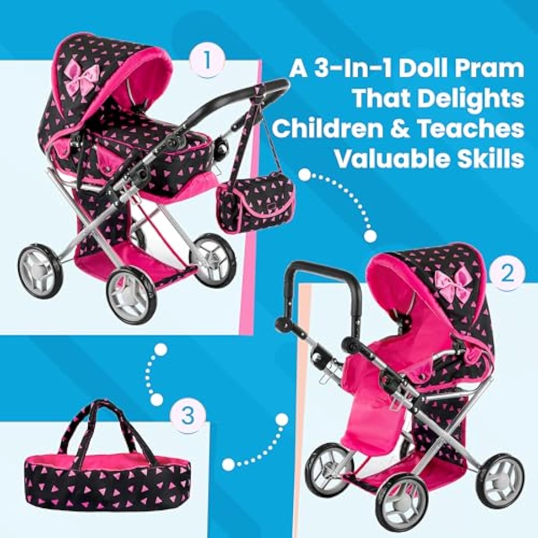 Kinderplay Dolls Pram | 3-in-1 Toy Pram | Baby Doll Pram - Toy Pushchair | Dolls Buggy | Dolls Pushchair | Doll Stroller with Adjustable Handle (36.5-64 cm), model KP0200R