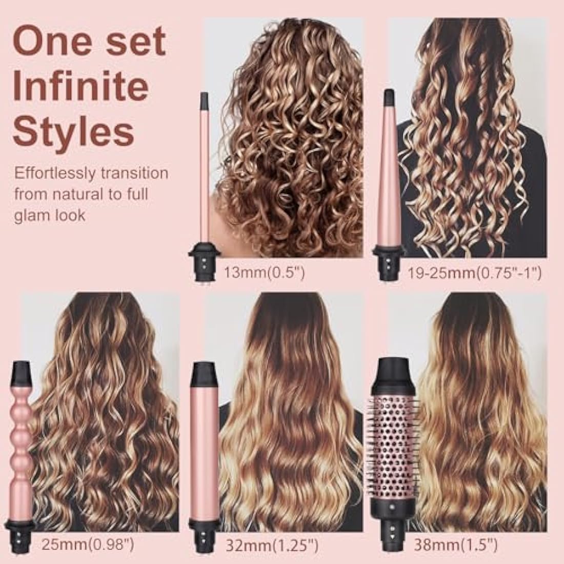 UNOBEY 5 in 1 Curling Wand Set, Curling Brush Curling Iron Set with Curling Brush and 4 Interchangeable Ceramic Curling Wand(0.5”-1.25”), Fast Heating, Include Glove & 2 Clips
