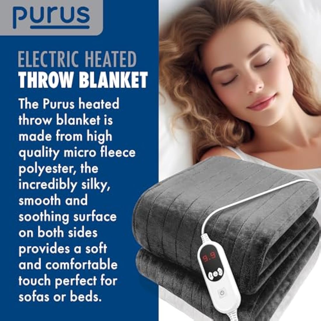 Purus Grey Heated Throw Electric Blanket, 160 x 120cm Heated Blanket Machine Washable Soft Micro Fleece Electric Throw Overblanket with 12HR Timer and 9x Control Heat Settings