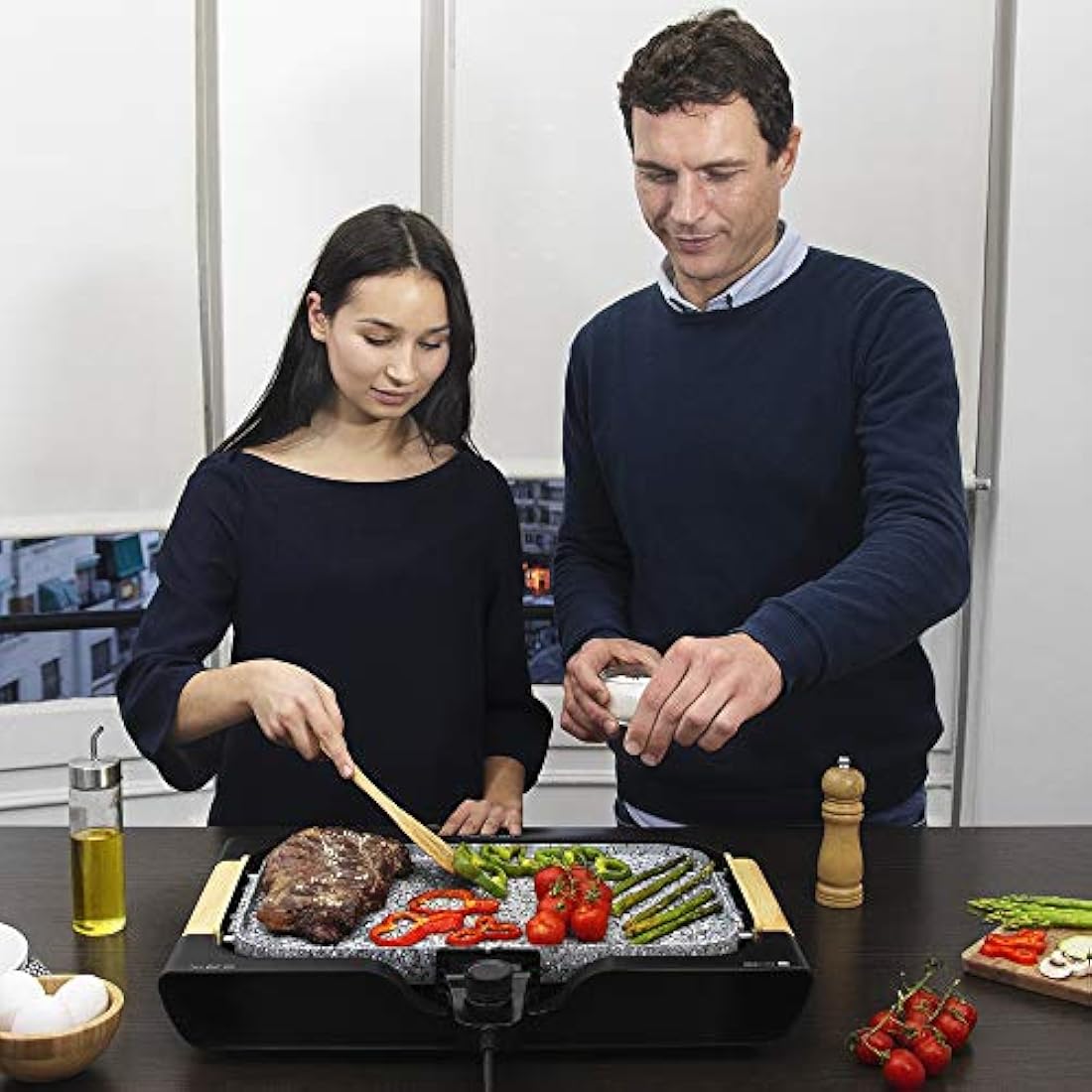 Cecotec 03004 Fer électrique Rock and Water 3000 Twin. 2200W, 2-in-1 Electric Griddle and Grill, Rockstone Coated, Dishwasher Safe, Cool Touch Handle, Stone Cladding, Grey/Black