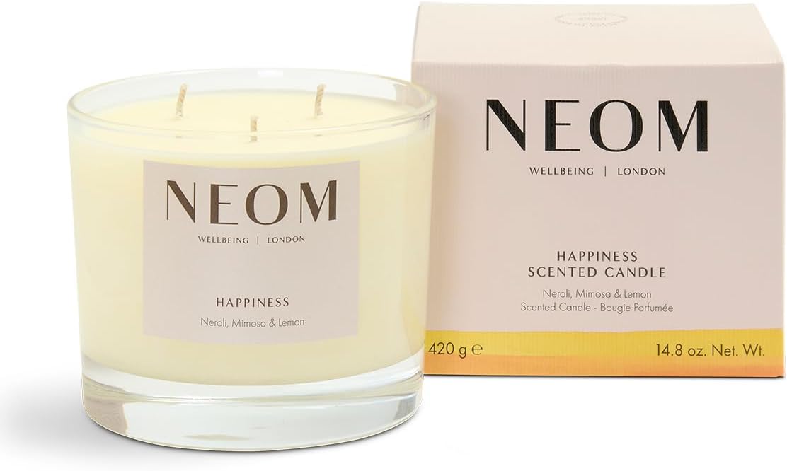 Neom- Happiness Scented Candle, 3 Wick , Neroli, Mimosa & Lemon. New but open scruffy box
