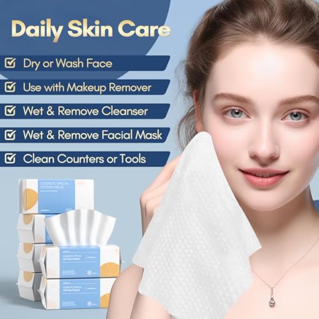 PoeticEHome Cotton Face Tissue 6 Pack, Ultra Soft Dry Wipes Disposable, Cosmetic Facial Cleansing Towel for Makeup Removing, Baby Care, Surface Cleaning (600 Count)