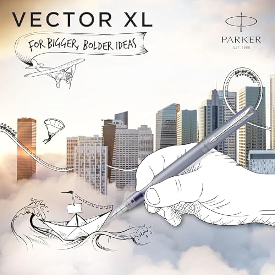 Parker Vector XL Fountain Pen | Metallic Silver-Blue Lacquer on Brass | Medium Nib with Blue Ink Refill | Gift Box