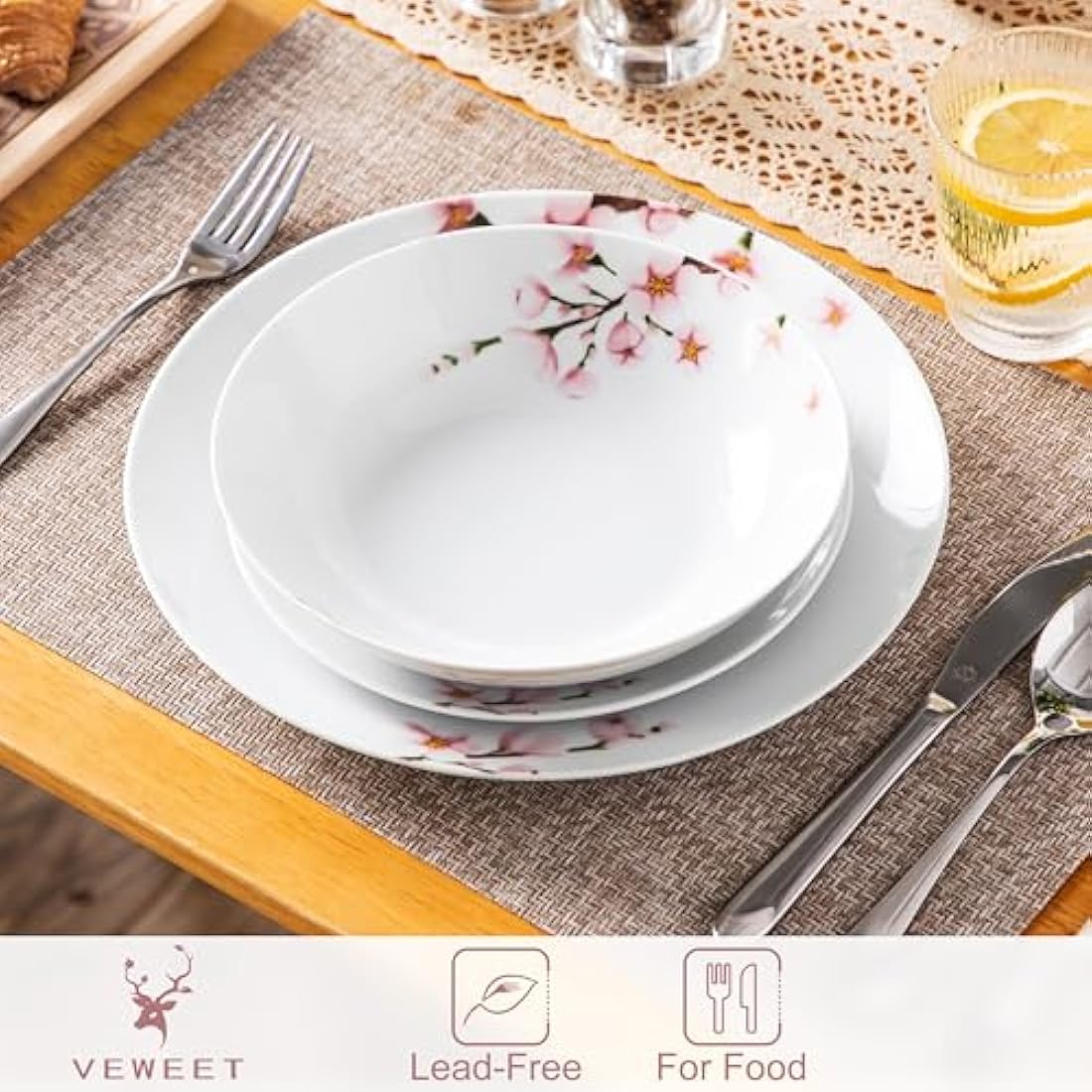 VEWEET Dinner Sets for 6 People, Porcelain Plates and Bowls Set, Dinner Plates, Dessert Plates, Soup Bowls, 18 Pieces, Round, Series Annie