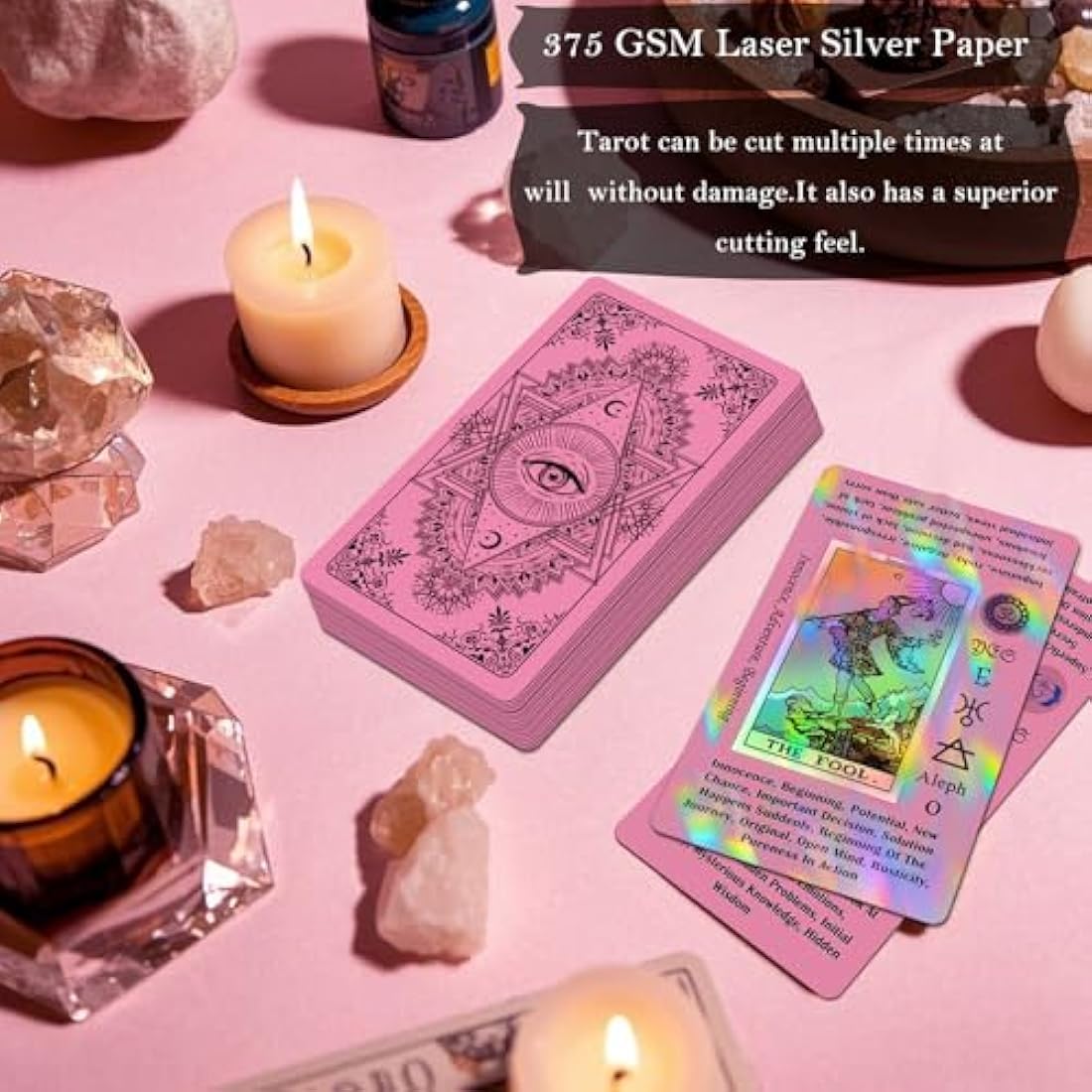 Smoostart Pink Holographic Tarot Cards with Meanings, Tarot Cards Deck with Guidebook for Beginners, Keywords, Element, Planet, Zodiac, Chakra, Yes or No, Musical Pitch, Numerology, Hebrew Alphabet
