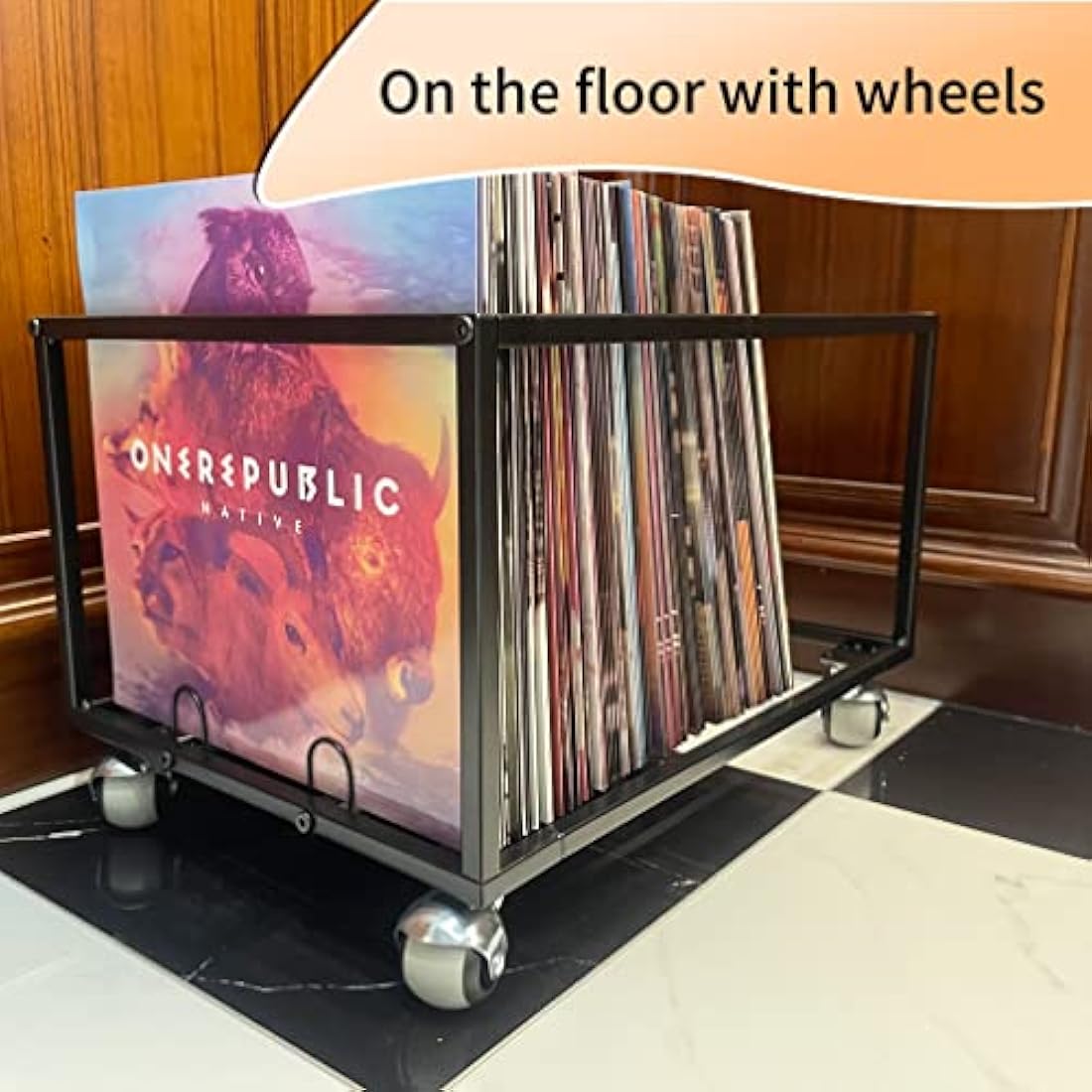 Vinyl Record Storage Holder With Wheels - Holds up to 100 LP - Album Holder Display Stand - Vinyl Record LP Storage organizer - Sturdy Metal Structure - Smooth Black