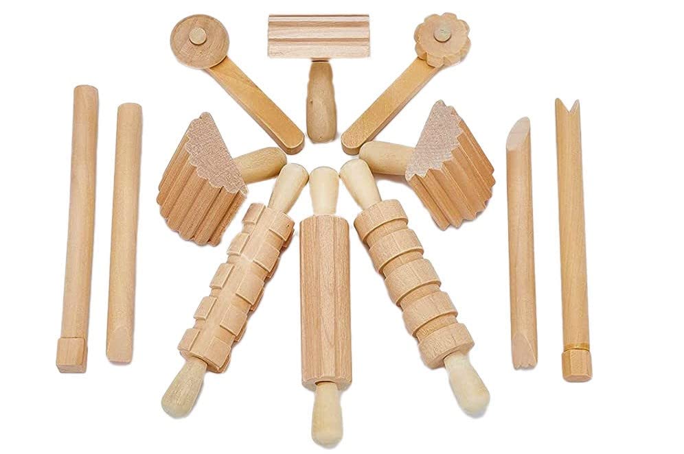 Craftplay Modelling tools | Wooden dough tools | Pack of 12 tools for cutting, stamping & rolling