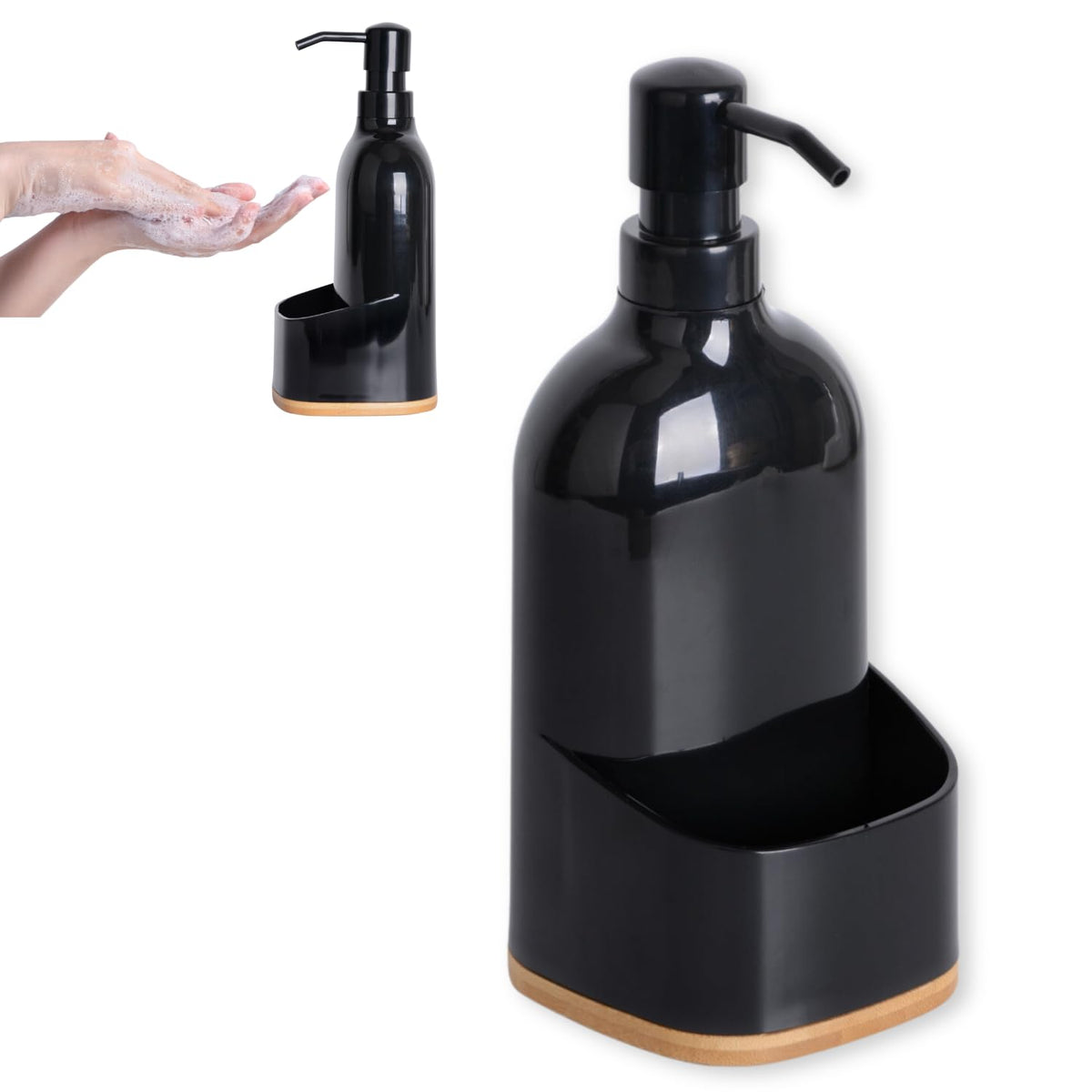 KOOK TIME Soap Dispenser, Black PUMP_DISPENSER, Practical Dish Soap Organizer with Sponge Holder, Elegant Kitchen Decor, 9.5 x 9.5 x 22 cm