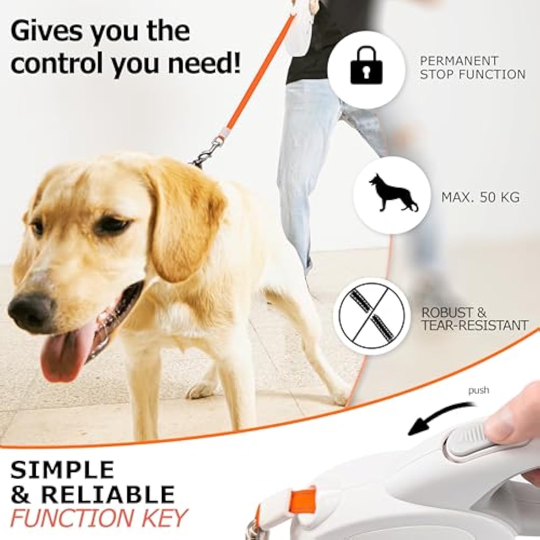 bluzelle 8m / 26ft Retractable Leash for Dogs up to 50kg / 110lbs, Bright Neon Orange Reflector Nylon Belt with 360° Snap Hook Metal, Reliable Braking One-Hand Ergonomic Rubberized Handle, White