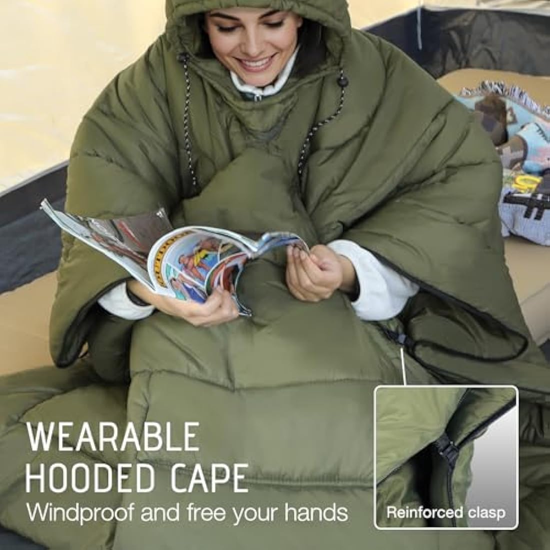 REDCAMP Wearable Camping Blanket Lightweight, Multifunctional Warm Travel Quilt Waterproof, Compact Wearable Poncho with Detachable Hood for Camping, Hiking (Army Green)