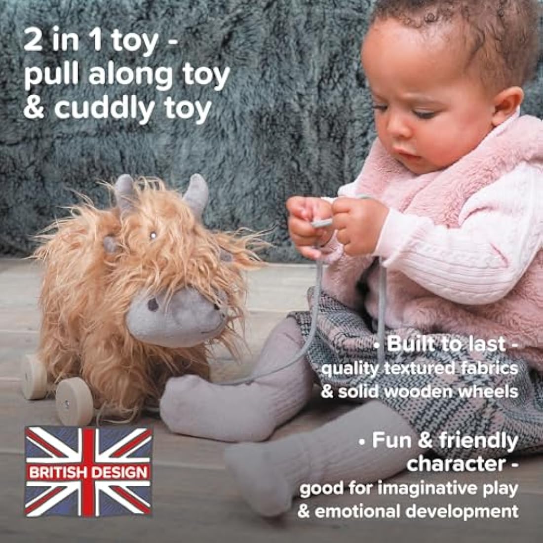 Little Bird Told Me - Hubert Highland Cow Pull Along Toy for Baby 6+ Months Unisex - 2-in-1 Soft Toy, Removable Wheels, Sensory Plush Fabric - British Brand Since 2007