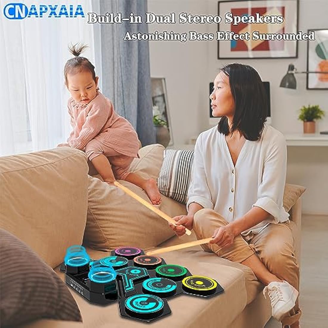 Portable Electric Drum Kit, CNAPXAIA Foldable Kids Drum Pad with Build-in Stereo Speakers, Foot Pedals, Drum Sticks, 9 Pads Silicone Electronic Drum Set for Kids Adult Beginner RAINBOW