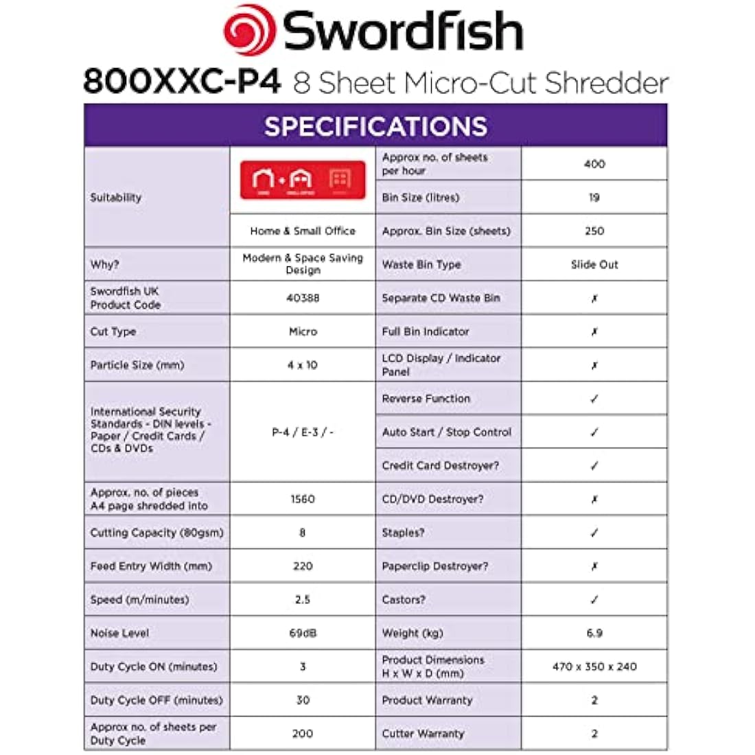 SWORDFISH 800XXC-P4 Micro Cut High Security Paper/Document Shredder [40388], White