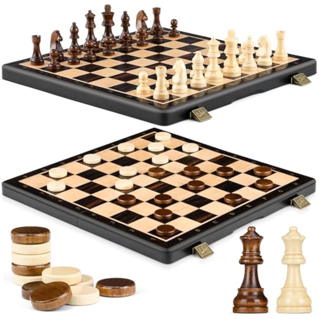 Peradix Chess Set and Draughts Board Games 2 in 1 Set | 15" Magnetic Foldable Wooden Chess Checkers Board | 2 Extral Queen | Educational Toy Set for Adults and Kids (PUZ-39)
