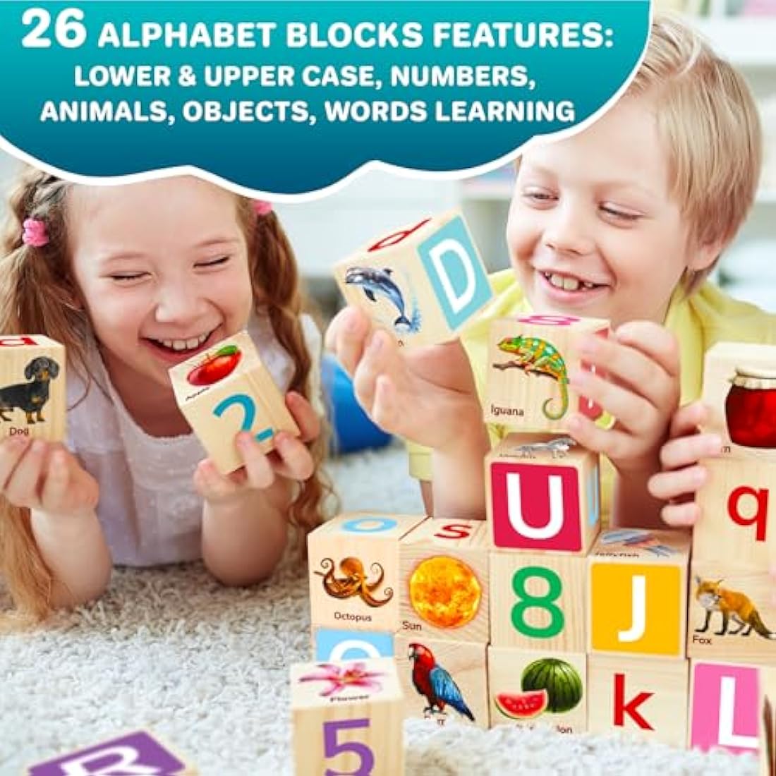 QUOKKA Wooden Blocks for Toddlers 1-3 - Realistic ABC Learning Baby Blocks for Kids 3-5 Year Olds - Stacking Alphabet Wood Toys for 2-4 yo - Learn Letters Numbers