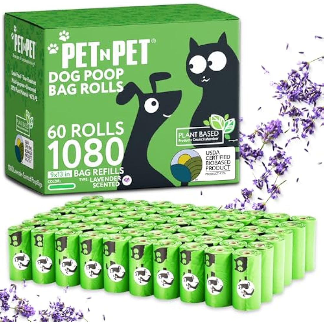 PET N PET 1080 Count Poo Bags Dogs USDA 41% Biobased 72 Thick Dog Poop Bags Rolls 9x13 Leak-Proof Lavender Scented