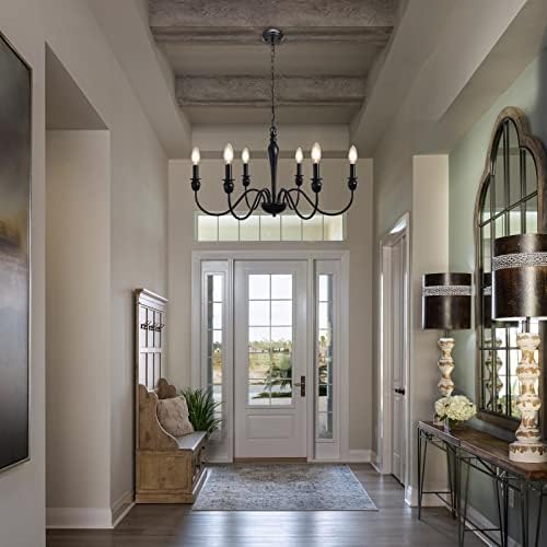MRHYSWD Black Chandelier, 6 Lights Metal Vintage Chandeliers Ceiling Lights Living Room Bedroom Kitchen Hall, Vintage Pendant Light with E14 Socket - Height Adjustment - Without Bulbs