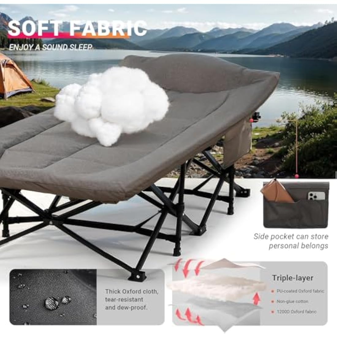 OVERMONT 28" Extra Wide Padded Folding Camping Beds for Adults - Comfortable Portable with Cushion and Pillow - Folding Cot with Carry Bag Supports 550 lbs for Outdoor Travel Home Office Nap