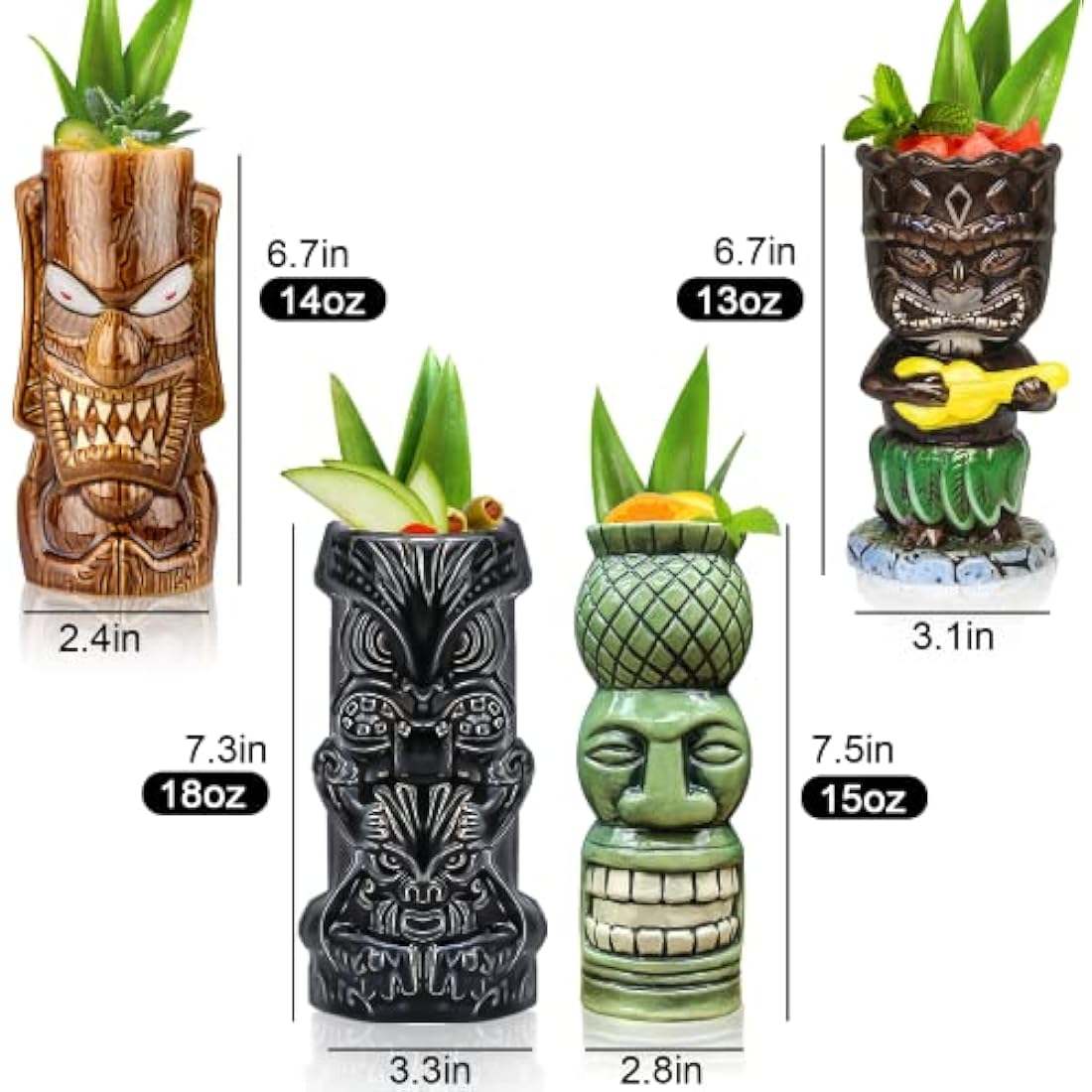 Tiki Mugs Glasses Mug for Cocktails Set of 4 Large Ceramic Tropical Cups Hawaiian Party Creative Cocktail Glass Drinks Bar Drinkware Premium Tropical Exotic Cute Barware 4 Packs