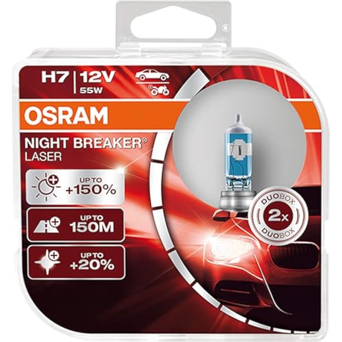 OSRAM NIGHT BREAKER LASER H7, +150% more brightness, halogen headlight lamp, 64210NL-HCB, 12V, duo box (2 lamps)
