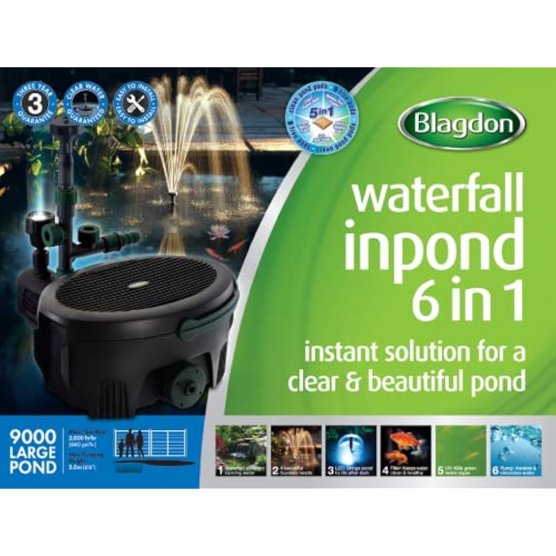 Blagdon Inpond 6-in-1 9000 Easy Care Clean Pond Solution, 49.5w Pond Pump & Filter with UV Clarifier for Algae Control and Clear Water, LED Light, 4 Fountain Heads, for Ponds Up to 9,000L, Green