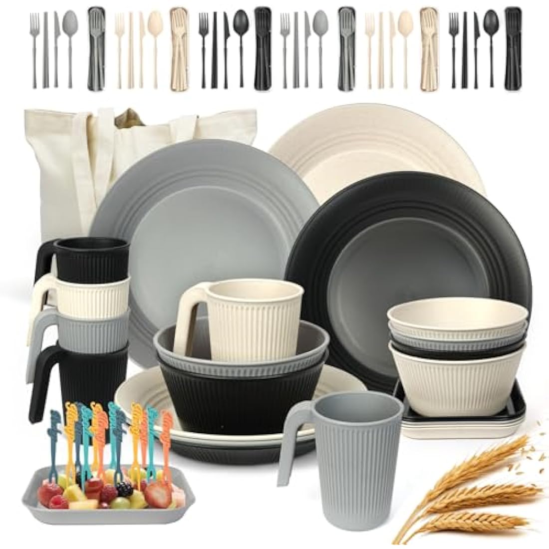 UHAPEER 67Pcs Camping Dinner Set for 6 People,Plastic Picnic Dinner Sets,Unbreakable Plastic Dinner Plates,Bowls,Cups Set,Camping Plate Set,Picnic,BBQ,Party,Campervan, Kitchen Equipment