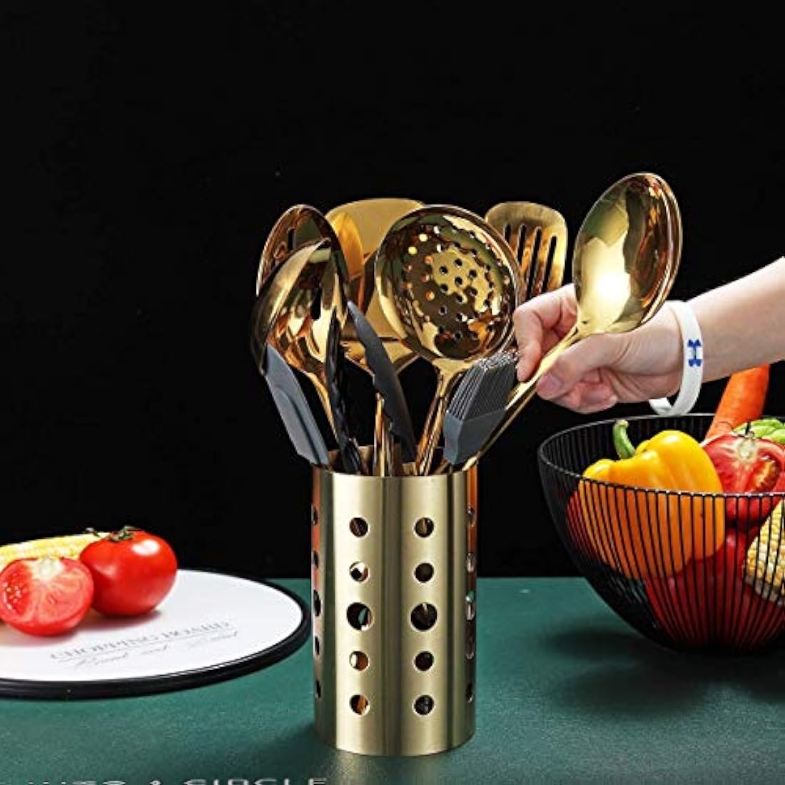 Berglander Gold Cooking Utensils Set, Stainless Steel 13 Pieces Kitchen Utensils Set with Titanium Gold Plating, Kitchen Tools Set with Utensil Holder, Dishwasher Safe, Easy to Clean