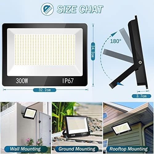 YIQIBRO 300W LED Floodlight Outdoor 2 Pack, 30000LM 6500K Outdoor Flood Lights Super Bright LED Security Light, IP67 Waterproof Spotlight for Garden, Garage, Yard, Factory,Warehouse