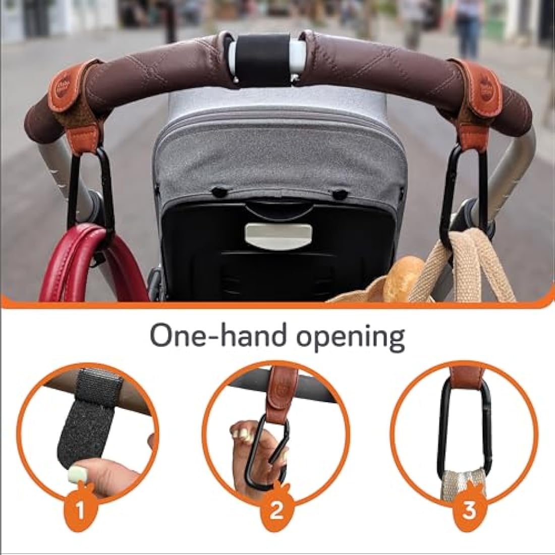 Baby Uma Leather-Style Buggy Clips (2 Pack) - Universal Pram Clips, Non-Slip Buggy Accessories, Carry 5 kg per Carabiner, Baby Travel Essentials (Camel)
