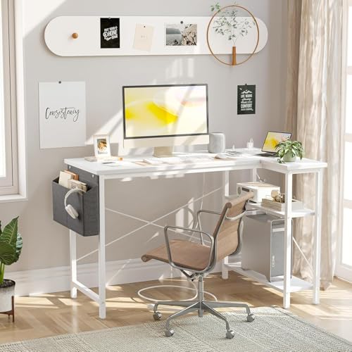 BEXEVUE Small L Shaped Desk with Power Outlets - 100x70cm Corner Computer Desk Writing Table, Reversible Large Storage Shelves, Bookshelf Workstation