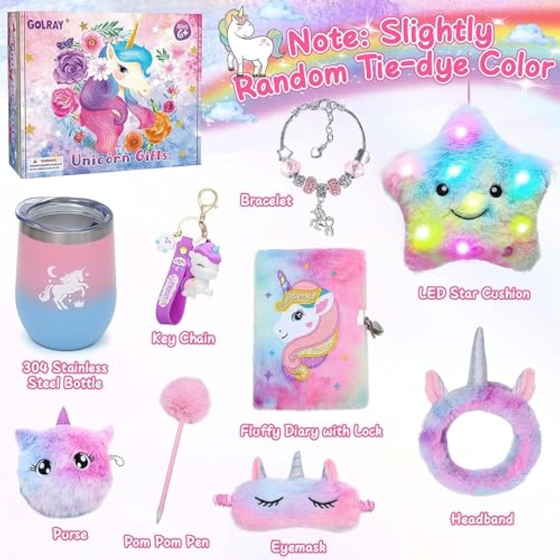 Latocos Unicorn Gifts for Girls Age 4 5 6 7 8 with Light Up Star Throw Pillow Plush Diary with Locks Pen Eye Mask Headband Water Bottle Bracelet Unicorn Toys Kids Birthday Christmas Stocking Fillers