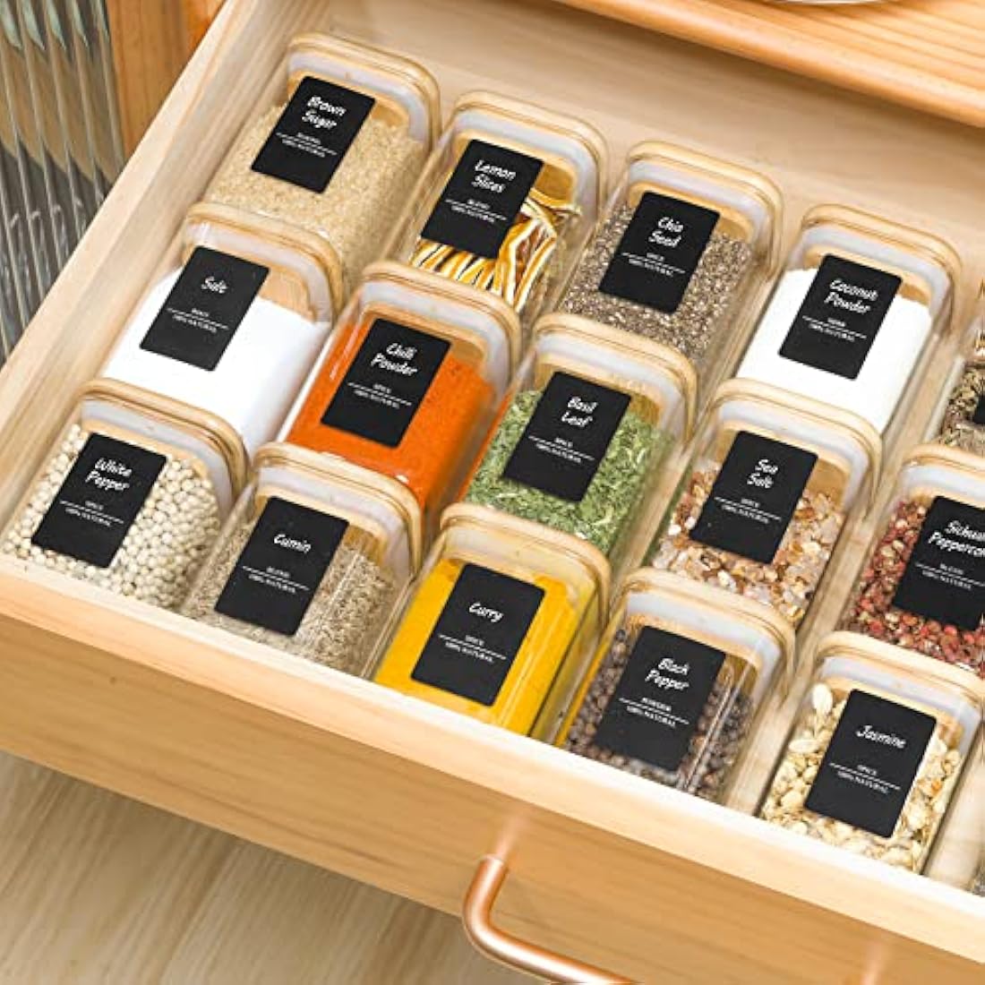 ComSaf 16 Pcs Glass Spice Jars with Bamboo Lids, 6oz/180ml Square Glass Storage Jars with 275 Black Lables, Airtight Spice Jars with Lids, Glass Container for Spice, Salt, Sugar, Seeds, Nuts etc