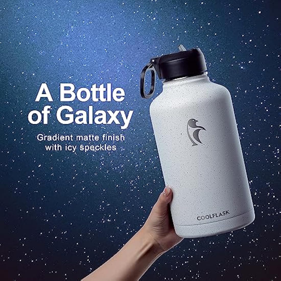 Coolflask Insulated Water Bottle 2L, Half Gallon Water Jug with Straw & 3 Lids, Large Insulated Water Bottle, Stainless Steel Vacuum Water Bottle for Gym, Sports and Travel, Starry White