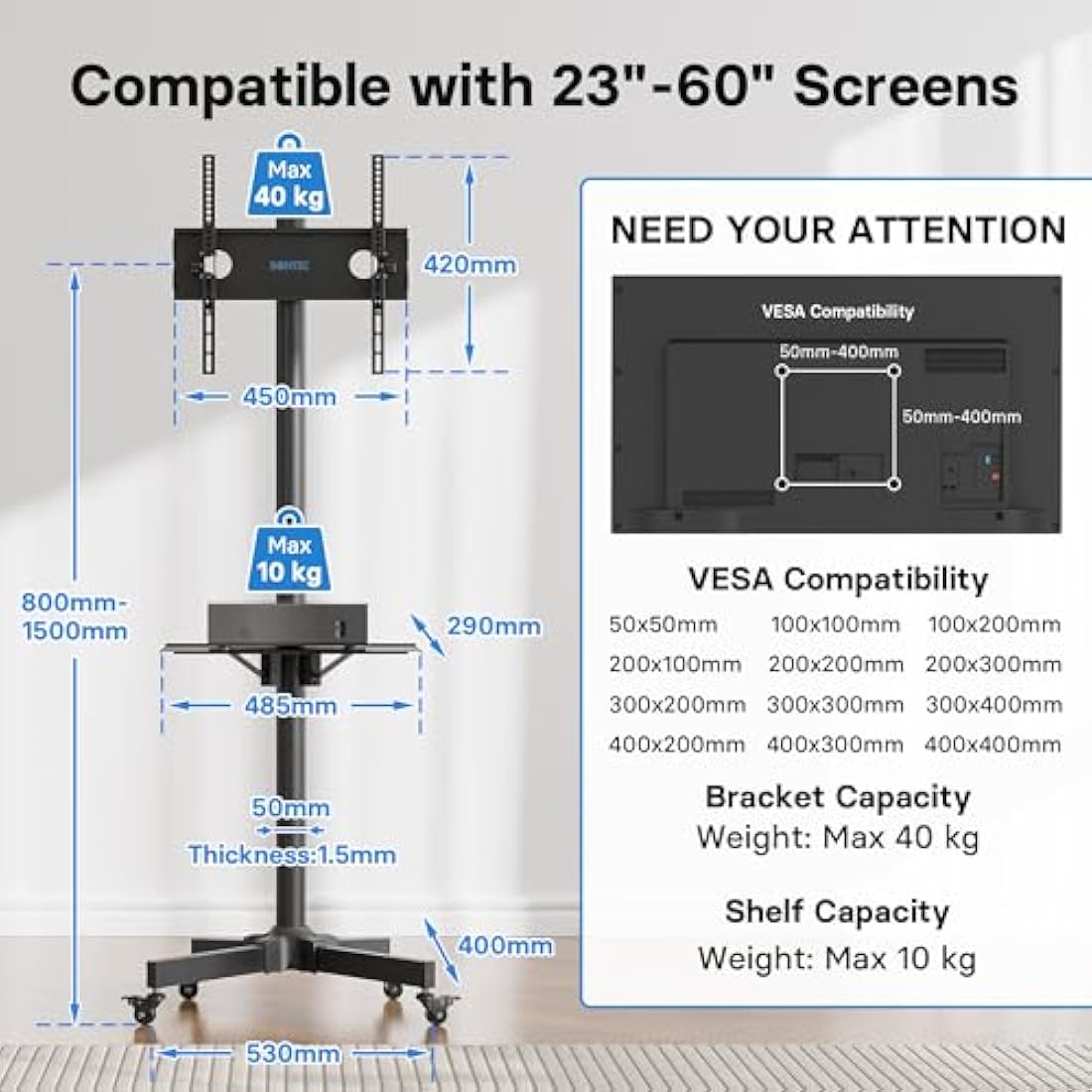 BONTEC Mobile TV Stand on Wheels for 23-60 inch Plasma/LCD/LED TVs, Portable TV Stand with Tray, Height adjustable Home Display Rolling TV Cart Trolly, Max. VESA 400x400mm, up to 40kg