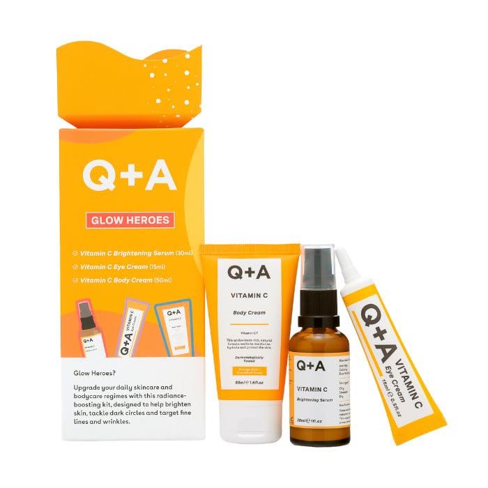 Q+A Glow Heroes Skincare Giftset - Radiance-Boosting Trio with Vitamin C Brightening Serum 30ml, Eye Cream 15ml & Body Cream 50ml - Brighten and