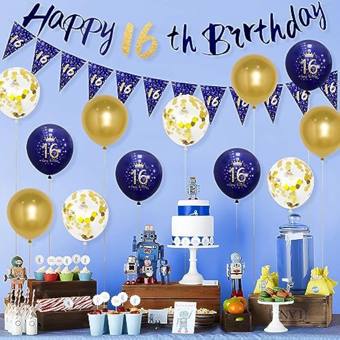 Boys 16th Birthday Decorations Navy Blue Gold 16th Birthday Party Decorations Boys Banner Bunting Kit by Wonsta