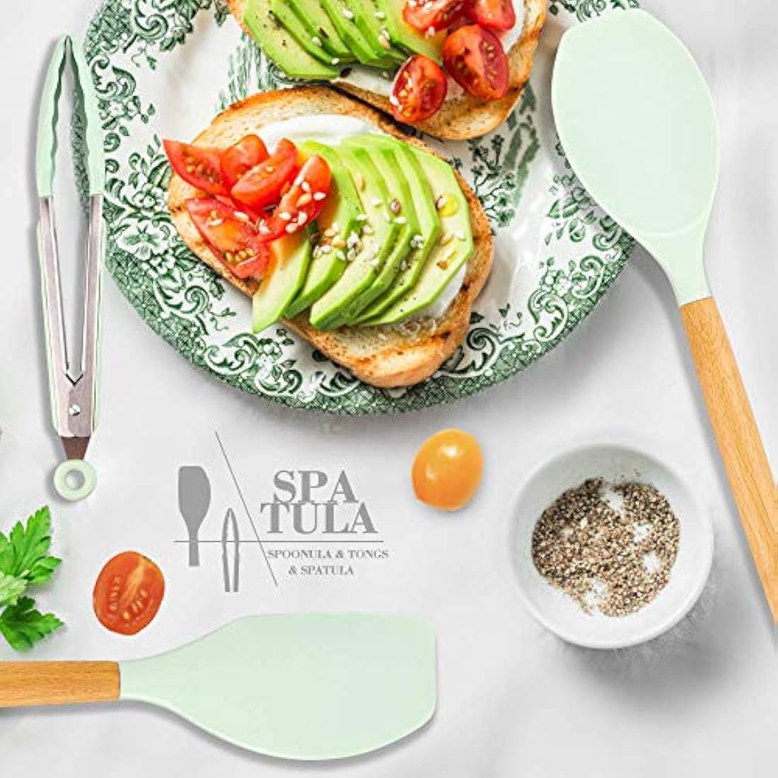 Zerobox Silicone Kitchen Utensil Set-9 Pieces Natural Wooden Handles Cooking Tools Turner Tongs Spatula Spoon for Nonstick Cookware, Mint Green
