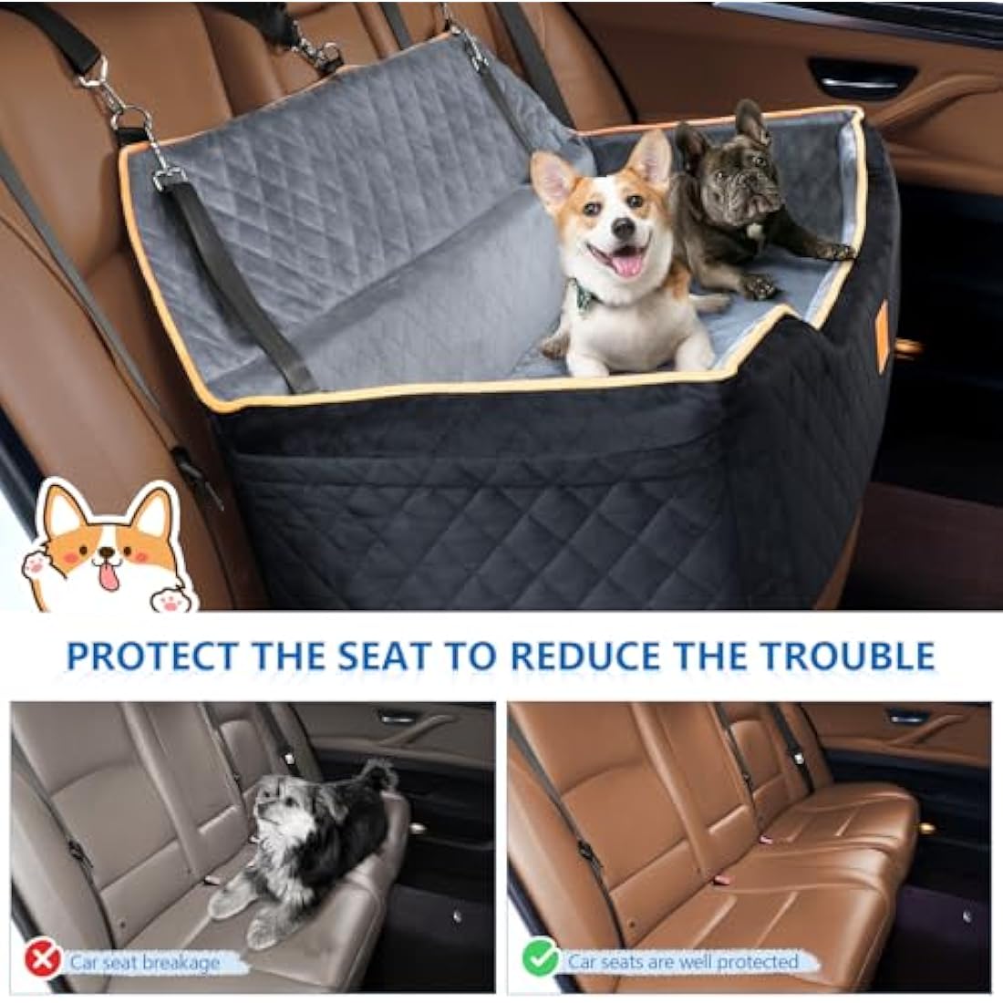 GL GLENSLAVE Dog Car Seat for Large/Medium Dog, Comfortable Dog Car Bed Pet Booster for Back Seat, Fully Detachable & Washable Dog Travel Seat with Thick Cushion (Black/Grey)