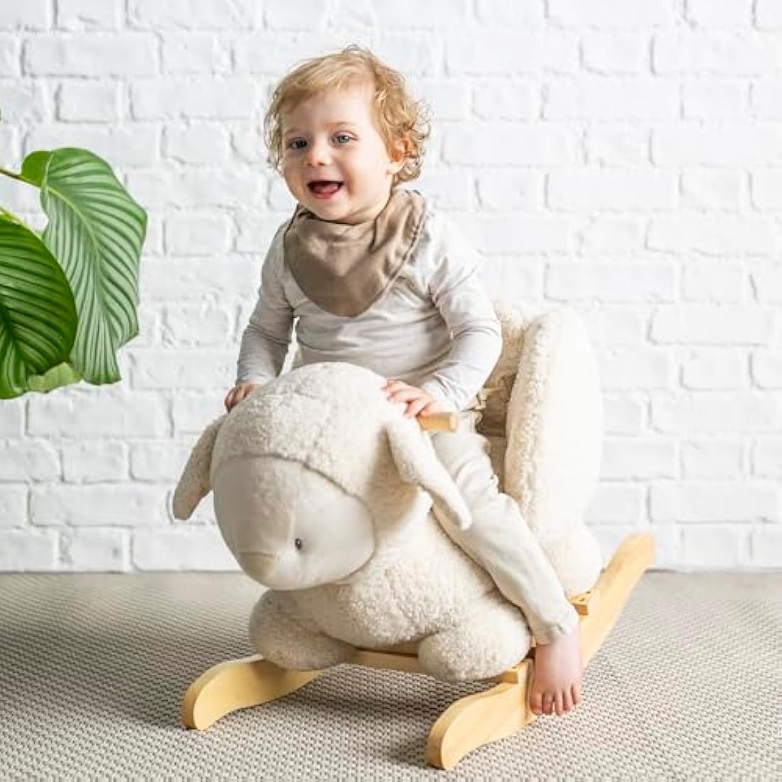 Nattou Wooden Rocker, Fully Padded Seat, Side Supports, Safety Belt, Handles For Small Hands, PETA-Approved Vegan, Soap-Water Cleaning, Super Soft Teddy Fabric Material, 10-36 Months, Ecru Sheep