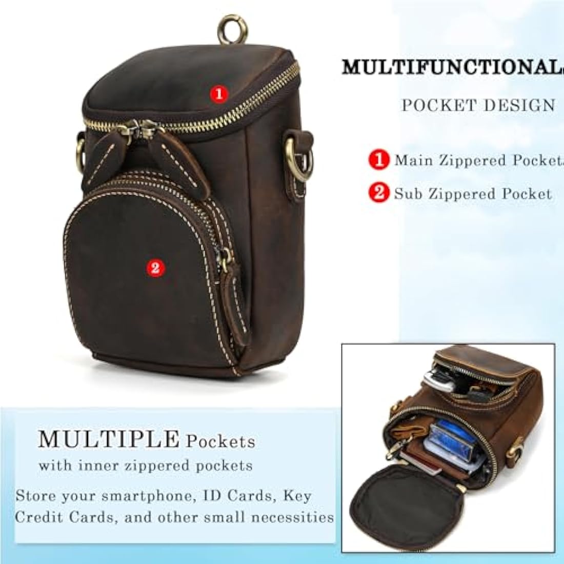 Mini Mens Genuine Leather Messenger Shoulder Bag Motorcycle Bike Riding Cycling Multi Waist Fanny Pack Small Leather Leg Bag for Wallet Coin Key iPhone, 9391 Dark Brown