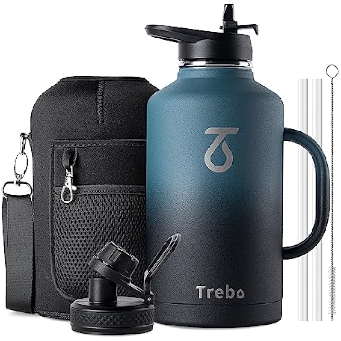 Trebo Insulated Water Bottle 2L, Metal Bottle with Handle Stainless Steel Metal Large Jug Travel Flask with Straw Spout Lid Mug Tumbler Cup with Carry Pouch Keep Cold Hot, Indigo Black