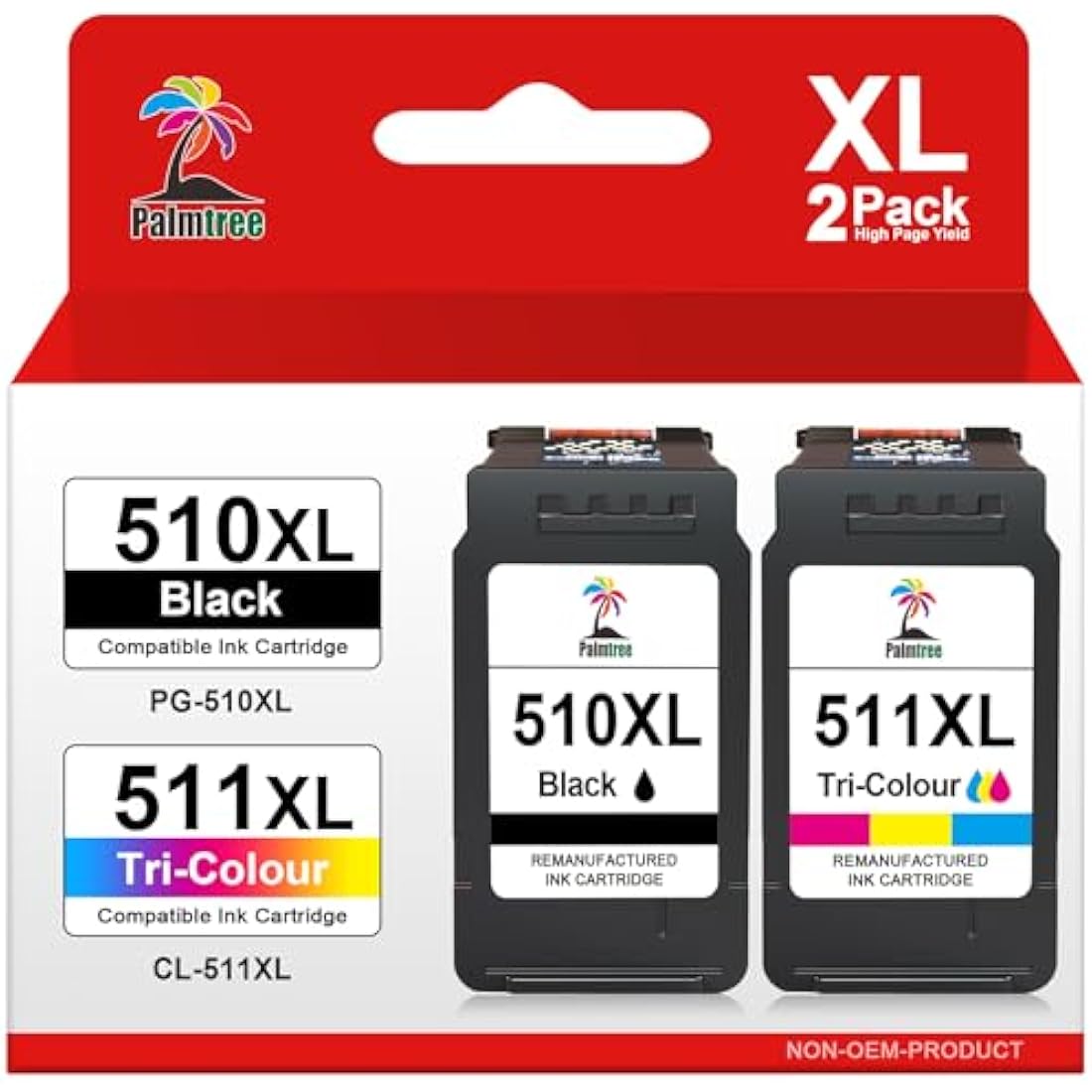 Palmtree PG-510 CL-511 Remanufactured Ink Cartridges - Replacement for Canon MP495, MP499, Pixma iP2702, MP230, MP235, MP280 (1 Black, 1 Tri-Color)