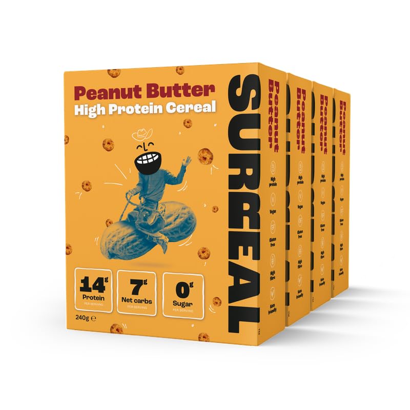 Surreal Peanut Butter - High Protein Cereal Gluten Free - Zero Sugar- Healthy Plant Based Cereal - High in Fibre - Low Carb - Vegan - 14g of Protein,