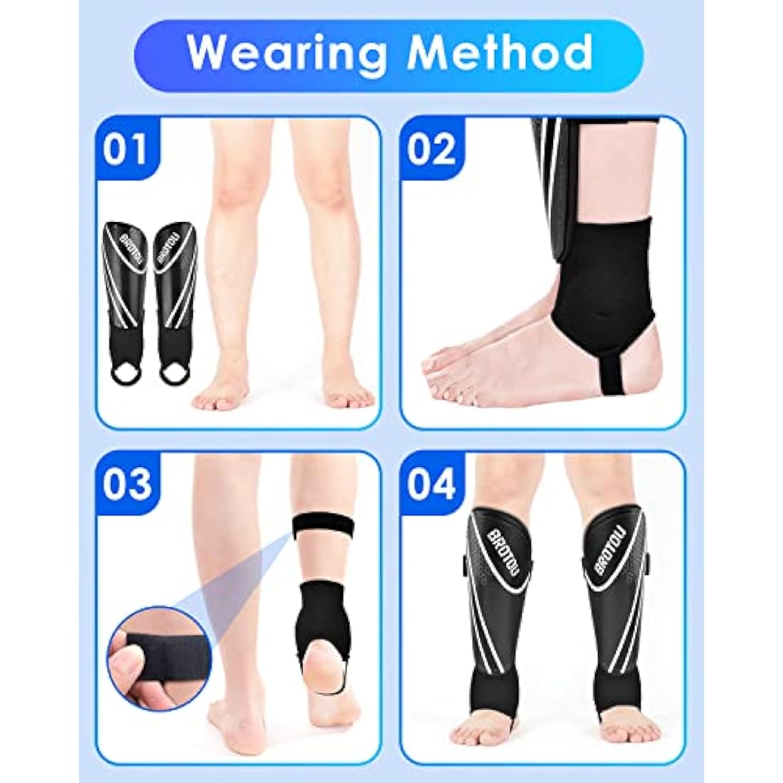 Youth Football Shin Guards, BROTOU High Strength Junior Shin Pads with Calf & Ankle Protection, Lightweight Design, Breathable, Non Slip Extended Adjustable Straps, for Boys and Girls